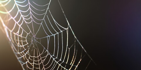 Delicate spider web covered in tiny dewdrops, shining with iridescent colors against a dark background. Close-up macro shot with soft natural light.