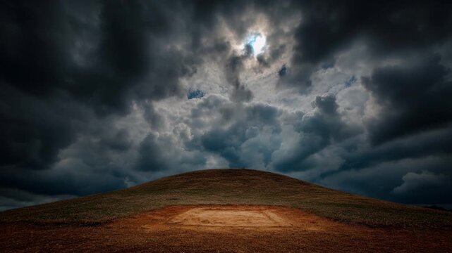 Storm cloud dark sky dramatic cloud moody weather over rolling hill and open field with empty ground daylight, landscape nature scene of dark cloud mass and storm sky above barren hill, moody