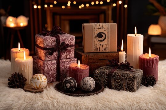 Cozy holiday-themed subscription box overflowing with seasonal surprises, wrapped in festive paper, warm lighting, soft textures, inviting atmosphere