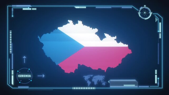 Futuristic Digital Czech Republic map HUD animation, global network cyber technology, government, Country Map, Politics, Travel, News, and Sports Events