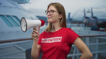 Young woman holds red and white megaphone on cruise ship deck wearing a volunteer shirt; empowerment.