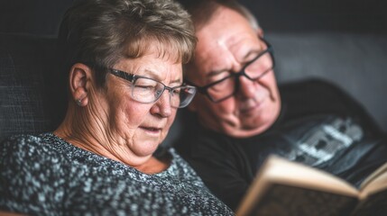 A senior couple enjoys a quiet moment reading a book together. This intimate scene evokes feelings of love, companionship, and peaceful retirement. Ideal for lifestyle or relationship concepts.