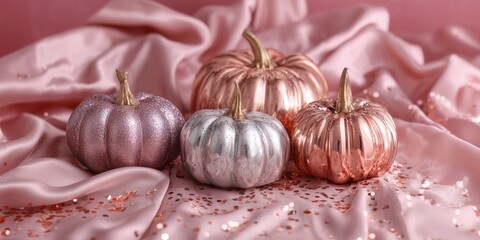 Elegant arrangement of metallic pumpkins in rose gold, silver, and pearly tones on a soft fabric background. Glamorous autumn or festive decoration with a modern luxurious touch.