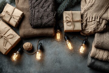 Cozy holiday-themed subscription box overflowing with seasonal surprises, wrapped in festive paper, warm lighting, soft textures, inviting atmosphere