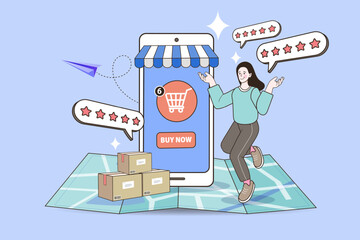 Happy woman near mobile shop on map with packages and five star reviews. Concept of online shopping delivery and customer satisfaction. Vector illustration of top rated ecommerce service.