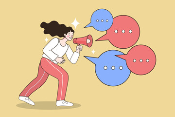 Young woman shouting in megaphone with blank speech bubbles. Concept of public announcement and marketing promotion. Vector illustration of female character speaking loud news or feedback.