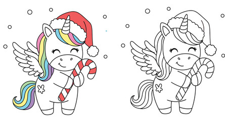 Christmas coloring page of cute cartoon winged unicorn wearing Santa hat and holding candy cane, vector illustration with color and black and white outline versions for children activity