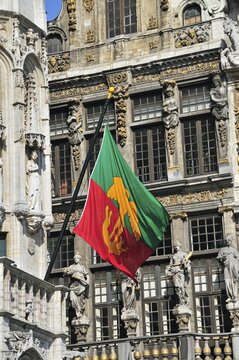 Flag of Brussels at the town hall, Grand Place, UNESCO World Heritage Site, Brussels, Belgium, Benelux
