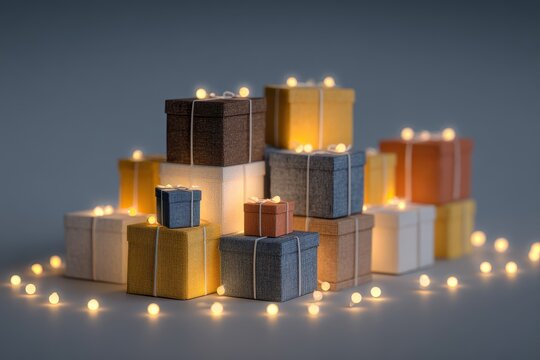 Stylishly stacked gift boxes in muted colors, illuminated by subtle ambient light, exuding a sophisticated yet cozy vibe, perfect for online marketplace advertising