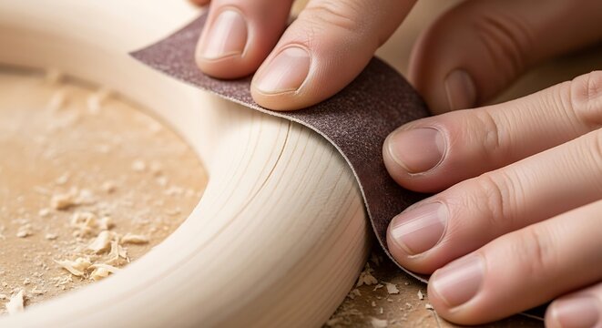 Artisan smoothing natural wood with sandpaper during refurbishment process