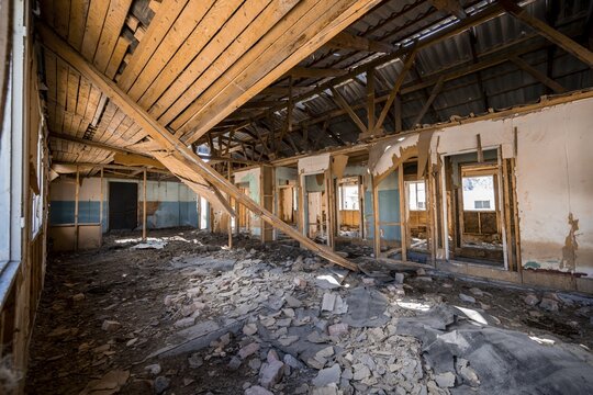 Destroyed abandoned classroom in the old Soviet school, ghost town, Engilchek, Tian Shan, Kyrgyzstan