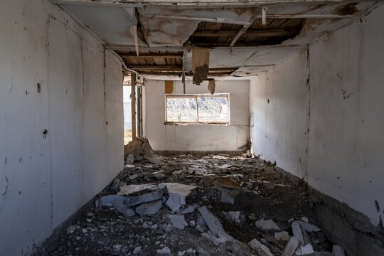Abandoned destroyed room full of rubble, ghost town, Engilchek, Tian Shan, Kyrgyzstan