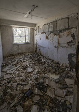 Abandoned destroyed room full of rubble, ghost town, Engilchek, Tian Shan, Kyrgyzstan