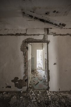 Abandoned destroyed flat with rubble ghost town, Engilchek, Tian Shan, Kyrgyzstan