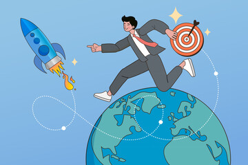 Happy businessman running on top of the globe holding a target board. Concept of global business startup success and fast growth with a rocket launch. Vector illustration of leadership and ambition.