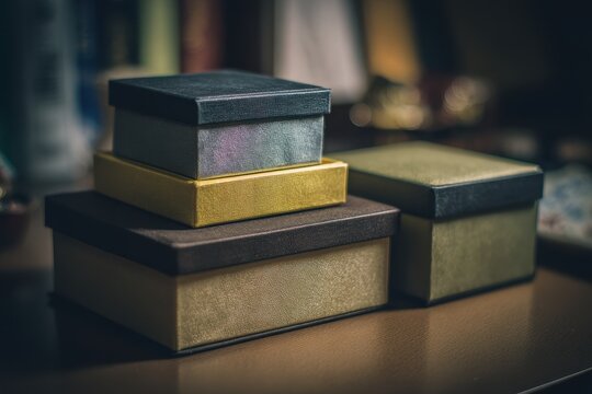 Stylishly stacked gift boxes in muted colors, illuminated by subtle ambient light, exuding a sophisticated yet cozy vibe, perfect for online marketplace advertising