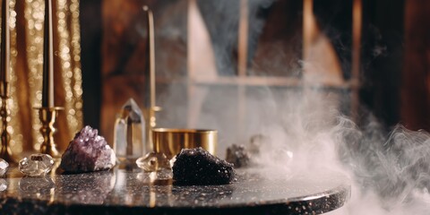 Mystical still life with crystals, stones, and burning candles surrounded by smoke. The scene exudes mystery and elegance, perfect for spiritual, magical, or meditative concepts.