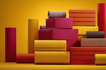 Vibrant and colorful gift boxes stacked playfully, bright lighting, cheerful wrapping materials, and a festive mood, perfect for promoting holiday deals and deliveries