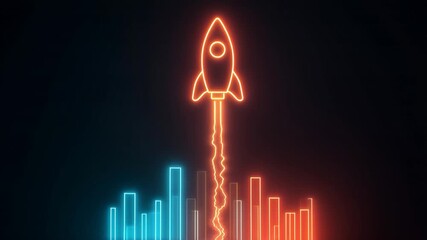 Neon rocket launch startup growth business finance data analytics chart bar technology innovation digital marketing futuristic glow, upward trend success rising over abstract city skyline with blue - Powered by Adobe