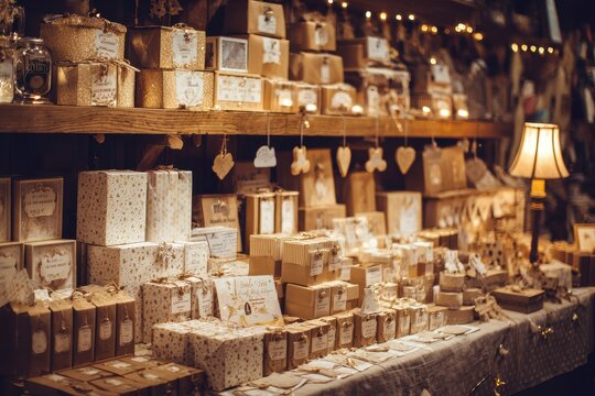 Cozy online shop display showcasing festive gift boxes in various price ranges, warm lighting, wooden shelves, and holiday decorations, inviting atmosphere