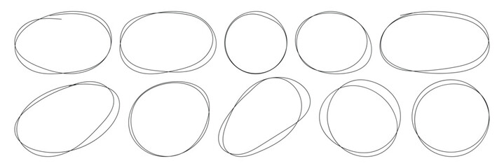Hand-Drawn Circle Highlights. Ellipses pencil doodle style set. Doodle round circles for message note mark design element. Rough Scribble Round Shape Vector Collection