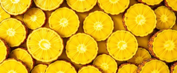 Bright yellow pineapple slices arranged in a repeating pattern, showcasing fresh tropical fruit texture, vitamin c, refreshing