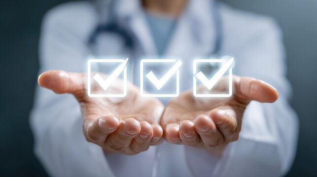 Doctor presenting three checkmarks floating above open hands in a medical setting indoors
