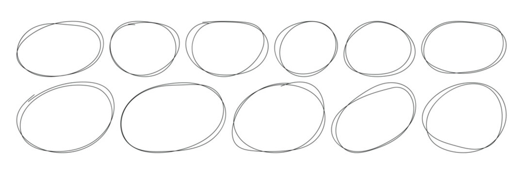 Marker scratch scribble in rounder. Set of hand drawn red circles and ovals. Round scrawl frames. Pencil or pen graffiti scribble doodle round circles 