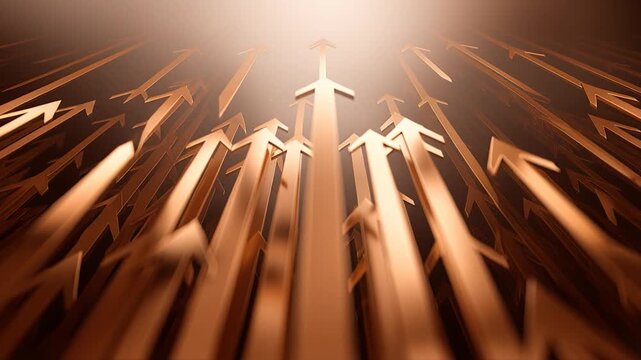 Upward arrow growth success progress increase finance business strategy ambition leadership surge with dynamic shapes warm metallic light rise and improvement move forward with hopeful energy ascent