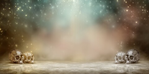 Festive flat lay with red high heels, golden snowflakes, diamond earrings, and a soft ribbon on marble background. Elegant and glamorous Christmas composition with warm luxury tones.