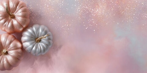 Stylish arrangement of metallic pumpkins in shades of rose gold and pink surrounded by mist and glitter. Glamorous and dreamy Halloween or autumn composition with soft smoky background.