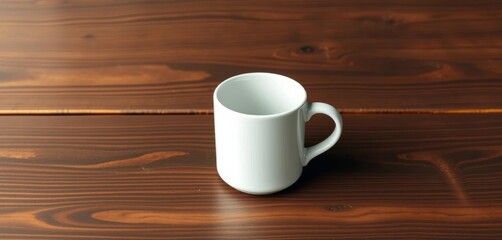 Clean white ceramic mug rests on dark brown wood grain tabletop,  coffee,  tabletop