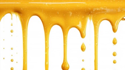 Golden honey drip sticky syrup sweet viscous glossy liquid macro closeup flow across white background forming smooth stream and droplet with rich texture warm color appetizing shine golden honey drip - Powered by Adobe