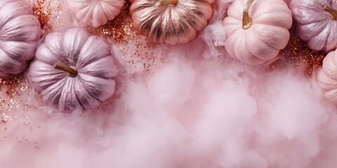 Stylish arrangement of metallic pumpkins in shades of rose gold and pink surrounded by mist and glitter. Glamorous and dreamy Halloween or autumn composition with soft smoky background.