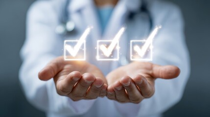 Doctor presenting three checkmarks floating above open hands in a medical setting indoors