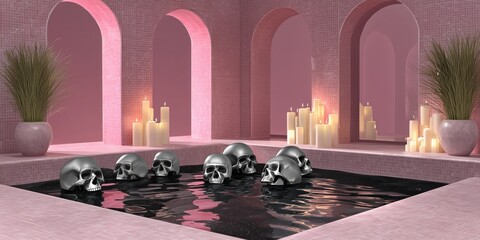 Luxurious dark bathroom with a marble bathtub filled with purple bubbles, surrounded by burning candles and metallic skulls. The pink light and reflections create a moody, glamorous Halloween 