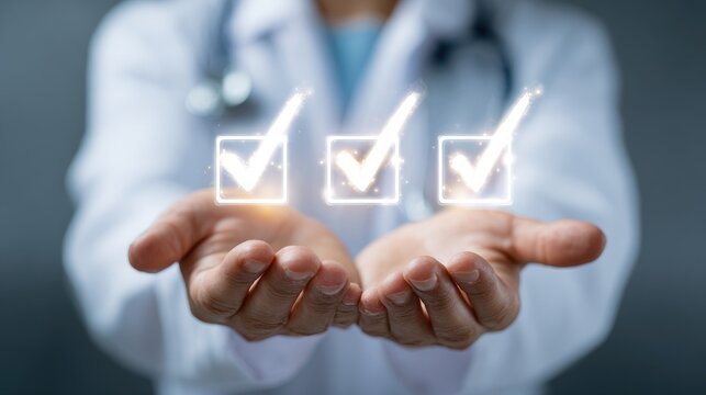 Doctor presenting three checkmarks floating above open hands in a medical setting indoors - Powered by Adobe