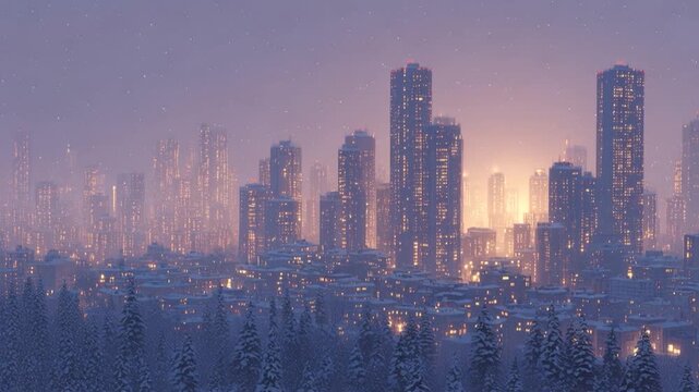 Winter cityscape snowy skyline urban dusk with glowing windows high rise, gentle snowfall and city lights through evening haze, serene mood beside pine forest, tranquil metropolitan panorama frosty