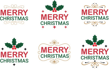 Six unique merry christmas badges and logos with holly, stars, and decorative flourishes for festive season designs