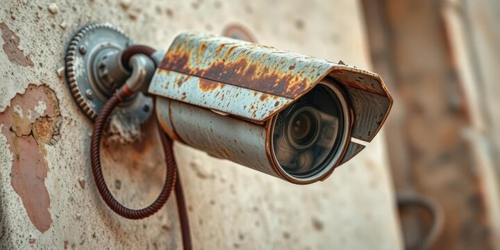 Close-up of a weathered, rusty security camera cut out from a wall, showing exposed wires and decay,  surveillance,  vintage