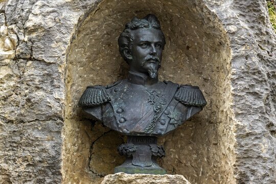 Bust of King Ludwig II, at the ruins of Falkenstein Castle, near Pfronten, Ostallg&auml;u, Allg&auml;u, Bavaria, Germany