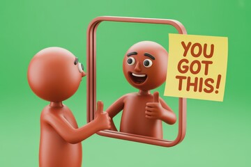 A smiling 3D character finding motivation and self-confidence while looking at his reflection in a mirror with a 'You Got This!' note