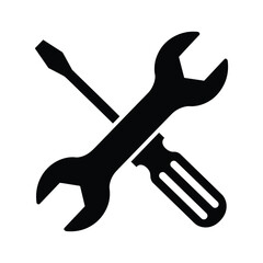 Black silhouette of crossed wrench and screwdriver on white tool tools