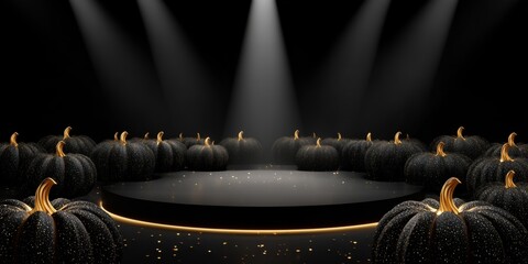 Luxurious black pumpkins with golden stems arranged around a glowing stage under dramatic spotlights. The dark background and elegant lighting create a glamorous and mysterious Halloween scene.