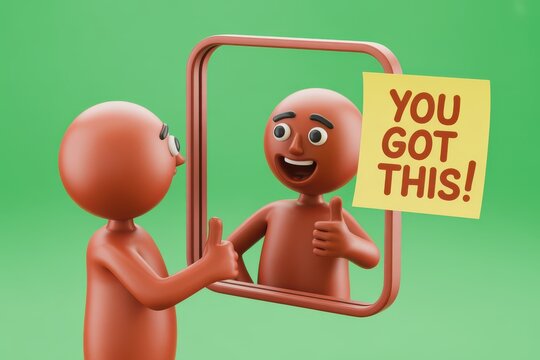 A smiling 3D character finding motivation and self-confidence while looking at his reflection in a mirror with a 'You Got This!' note