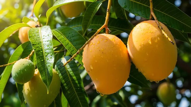 Ripe yellow mangoes glistening with water droplets hanging from a tree branch surrounded by lush 4K Ai HD high quality video.
