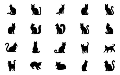 Black Cat Silhouettes Set, Walking, Sitting, Stretching & Playing Poses