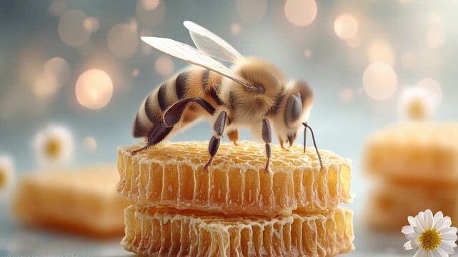 Bee on honeycomb: A honey bee, its delicate wings poised, delicately rests upon a golden honeycomb structure. The warm, inviting tones of the scene evoke the essence of nature's sweet bounty.