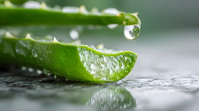 Close-up of fresh aloe vera leaf with water drops reflecting on a wet surface.