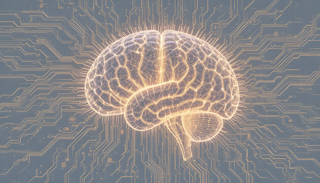 Glowing brain outline on a circuit board representing artificial intelligence technology and neural networks
